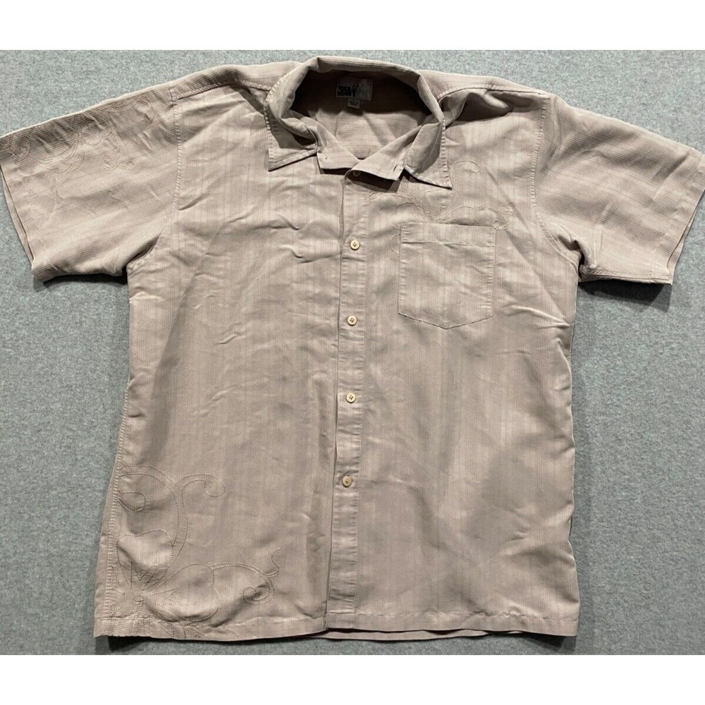 Toes On The Nose Tan Embroidered Button Up Hawaiian Style Shirt Mens Size Large